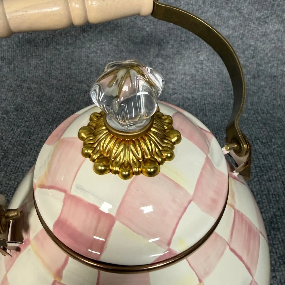 New Mackenzie Tea Kettle Childs 3 Quart Enamel Rosy Check Pink Plaid
